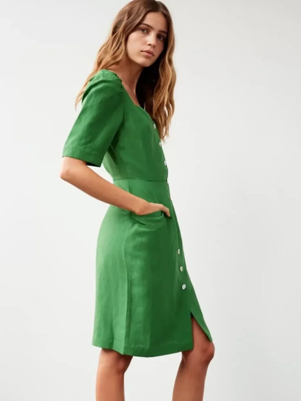 Aritzia Le Fou Wilfred Michalina Dress NWT Puff Sleeve Emerald Green Size 8 - Picture 2 of 10